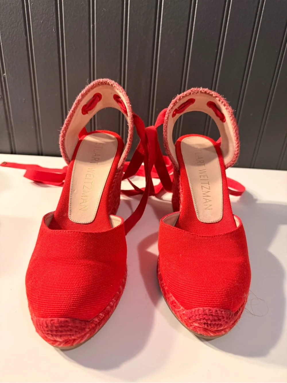 Stuart Weitzman Bright Red Canvas Espadrille Wedge Sandals